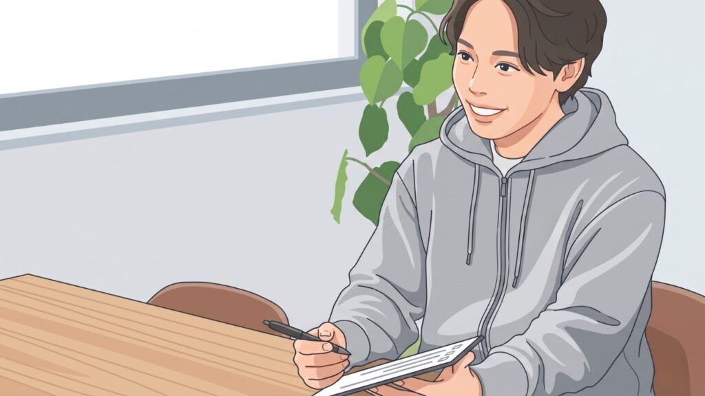 キャンピングカーの査定内容を書類に記入するスタッフのイラスト